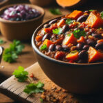 Smoky Sweet Potato Chili in a bowl on a cutting board with fresh cilantro
