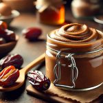 Smooth and creamy date paste freshly made and stored in a glass jar