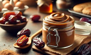 Smooth and creamy date paste freshly made and stored in a glass jar