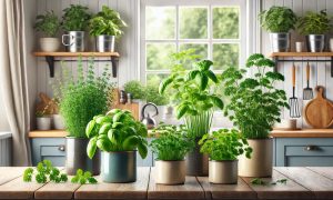 Indoor herb garden in pots on a kitchen counter