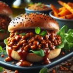 Plant based sloppy joes made on a black sesame seed bun