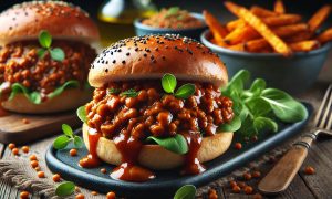 Plant based sloppy joes made on a black sesame seed bun