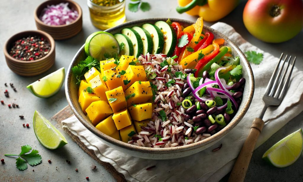 Rice bowl with mango and veggies