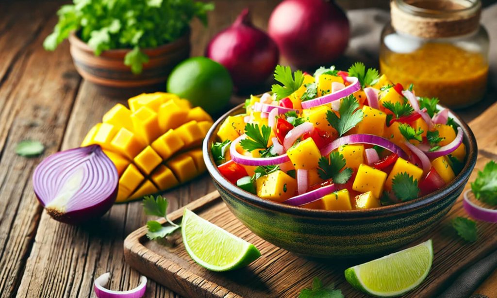 Mango salsa in a bowl with onions, peppers, lime, and cilantro