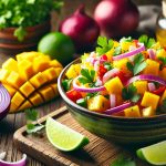Mango salsa in a bowl with onions, peppers, lime, and cilantro