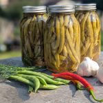 3 Jars of pickled green beans on a wooden table with fresh beans, dill, cayenne peppers, and garlic in front of it.