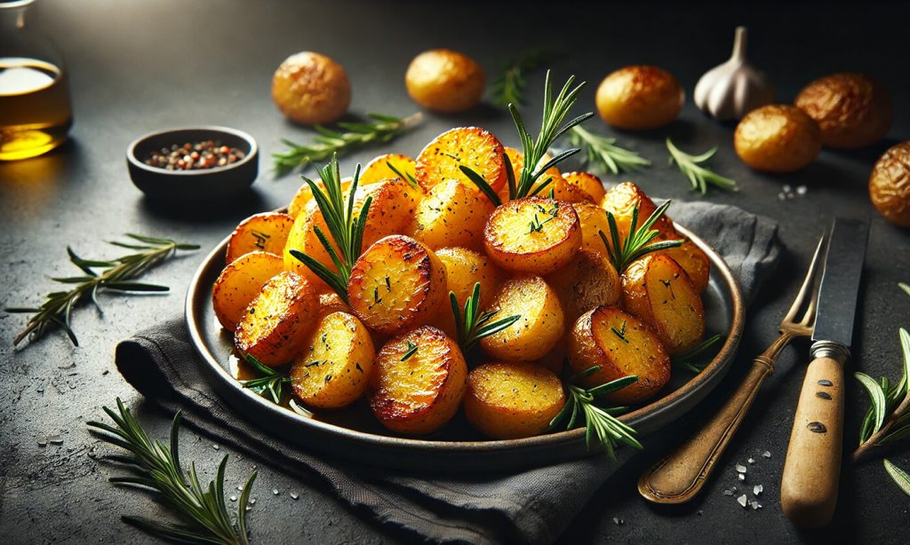 Roasted potatoes piled high on a plate with rosemary