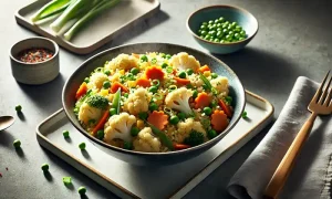 Cauliflower fried rice in a bowl with colorful veggies