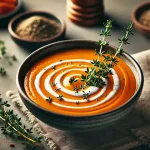 A bowl of creamy carrot soup with a decorative swirl on top
