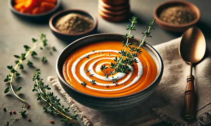 A bowl of creamy carrot soup with a decorative swirl on top