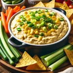 Vegan hot corn dip with veggies and tortilla chips on a cutting board