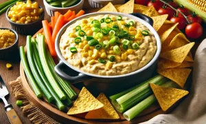 Vegan hot corn dip with veggies and tortilla chips on a cutting board