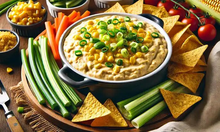 Vegan hot corn dip with veggies and tortilla chips on a cutting board