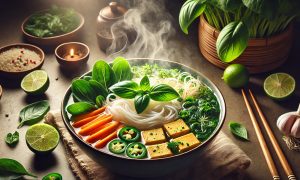 Steaming bowl of Pho noodle soup