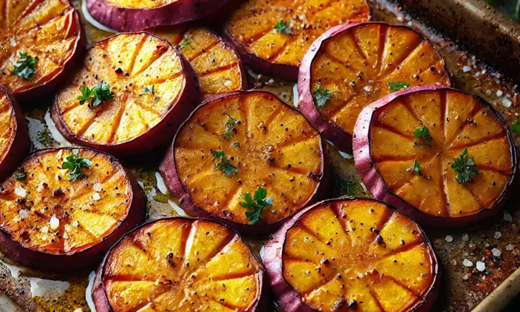 Roasted Japanese sweet potatoes in slices on a baking sheet