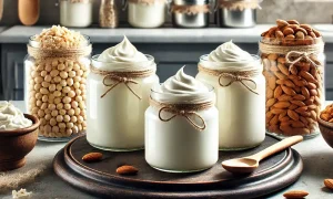 Vegan sour cream alternatives in jars next to nuts