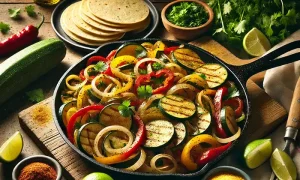 Fajita veggies in a cast iron skillet with corn tortillas