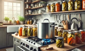 Boiling pot of water on a stove for water bath canning, surrounded by jars of canned pickled vegetables